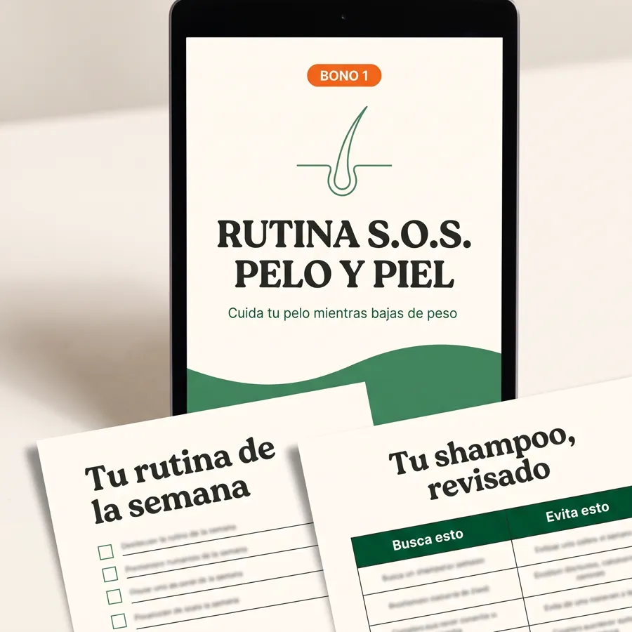 Bono 1: Rutina S.O.S. Pelo y Piel en tablet, con hojas de rutina y revisión de shampoo