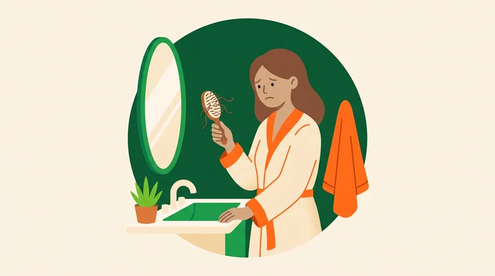 Mujer mirando su cepillo lleno de cabello caído