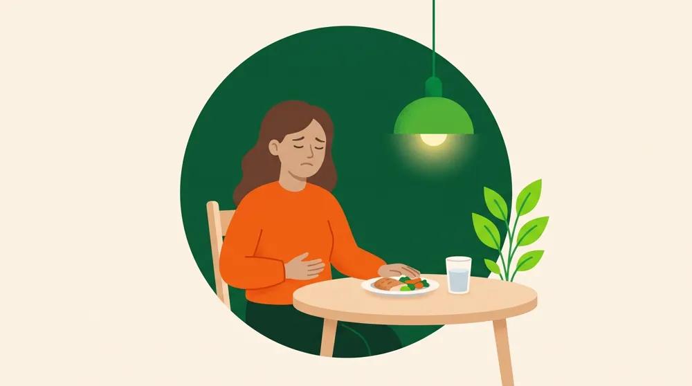 Mujer con náuseas frente a un plato de comida, sin poder comer